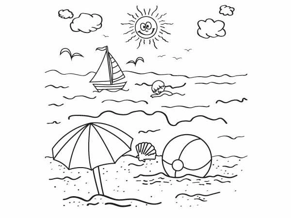 Coloring book of a boy at the seaside